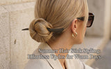 A refined summer portrait of a woman with a relaxed bun secured by a dark wooden hair stick, wearing a neutral linen outfit in warm sunlight, minimal editorial mood, soft stone background, no text.