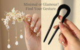 Split editorial thumbnail showing a minimalist slim hair stick styled in neutral tones on the left and an ornate pearl hair stick styled for evening on the right.