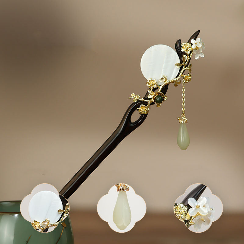 Qingwu Hetian jade hairpin, ancient costume, ancient style, stepping tassels, national style, sandalwood, shells, magnolia flowers, cheongsam, hairpins, hairpins