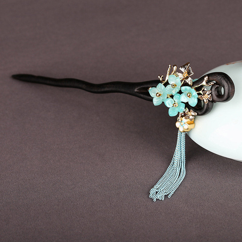 Aqua Petal Tassel Hair Stick