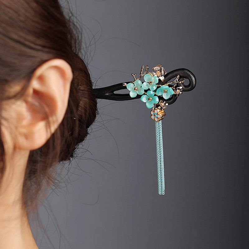 Aqua Petal Tassel Hair Stick