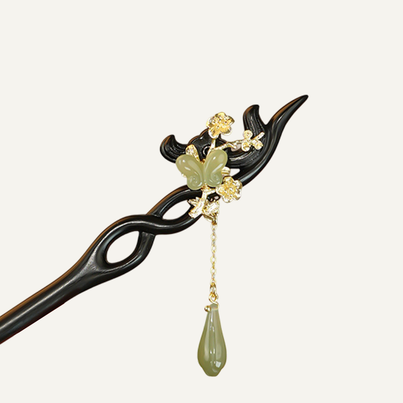 Black Wood Jade Blossom Butterfly Hair Stick