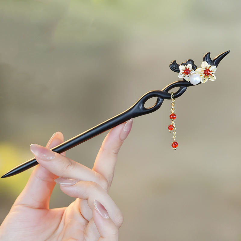 Floral Pearl Red Agate Hair Stick