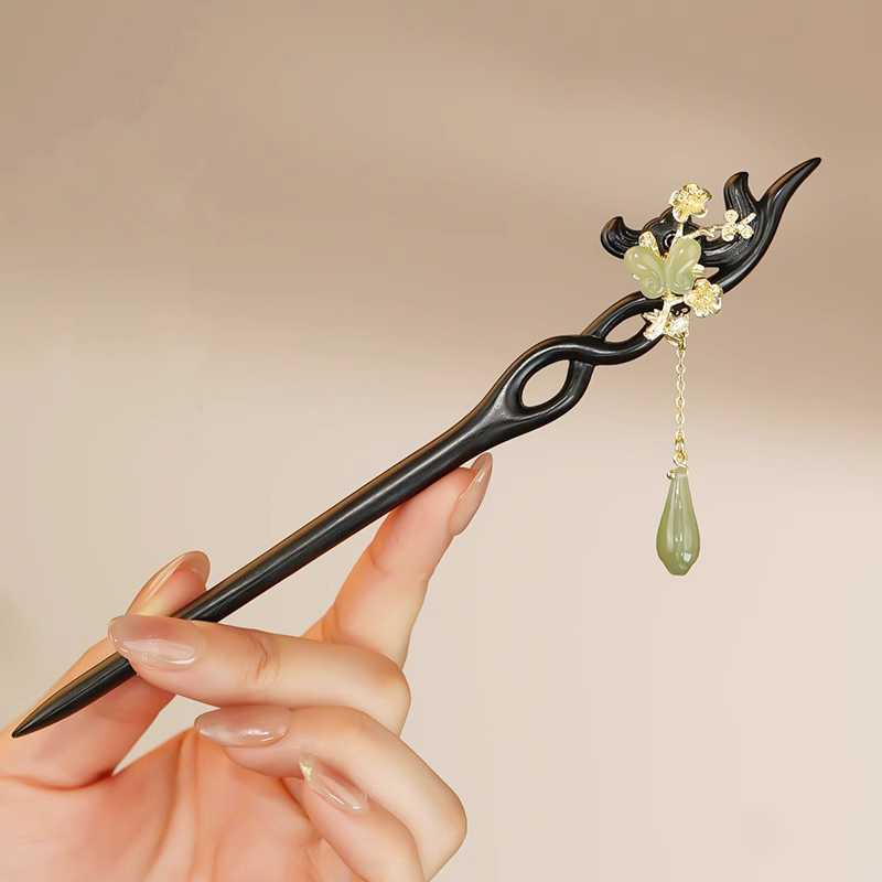 Black Wood Jade Blossom Butterfly Hair Stick