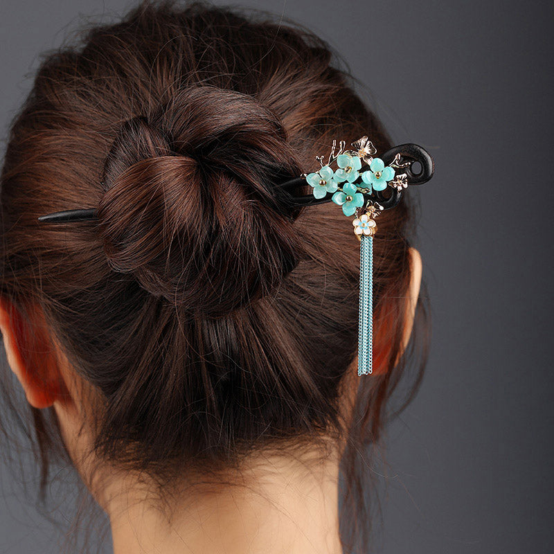 Aqua Petal Tassel Hair Stick