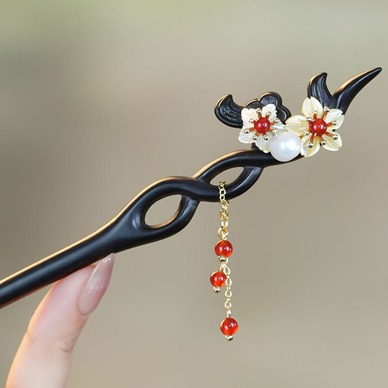 Floral Pearl Red Agate Hair Stick