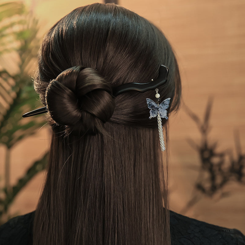 Blue Butterfly Tassel Hair Stick