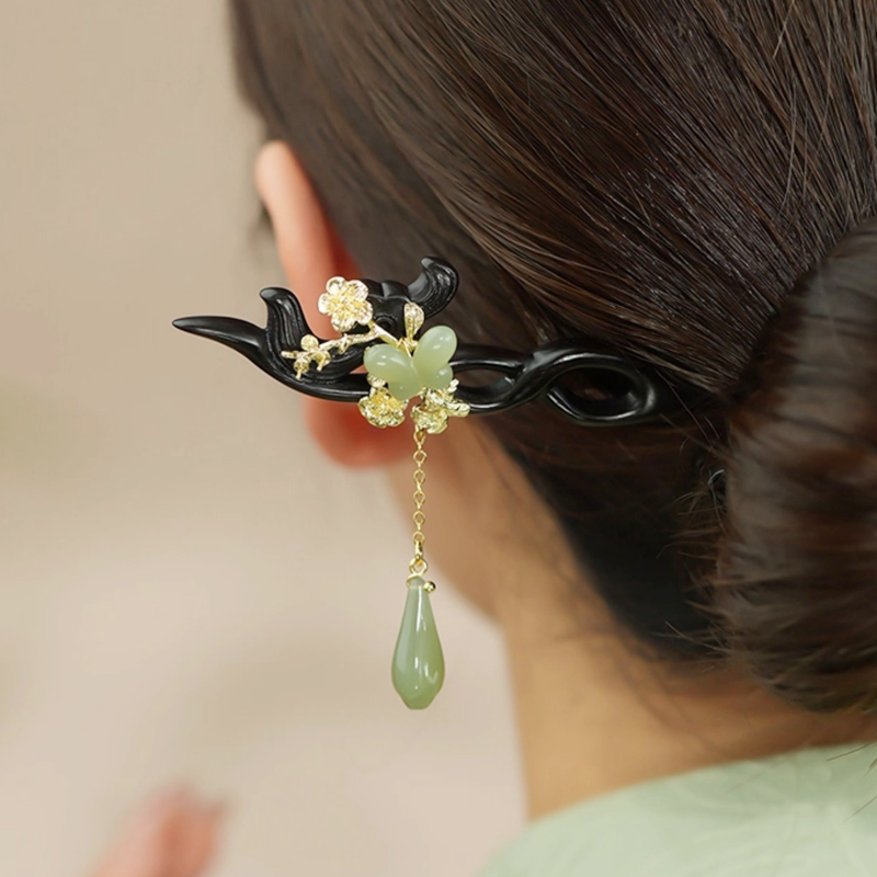 Black Wood Jade Blossom Butterfly Hair Stick