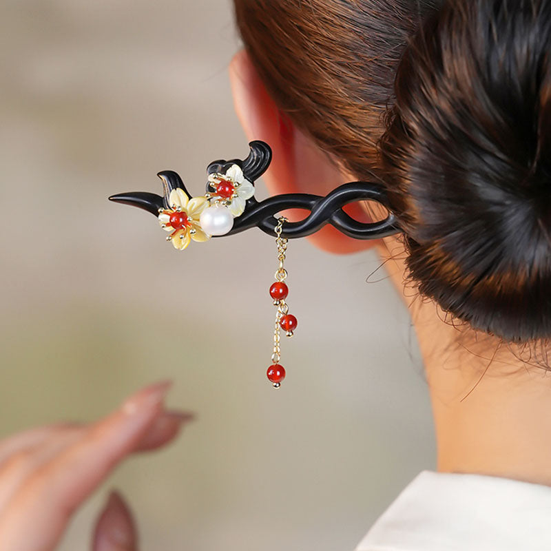 Floral Pearl Red Agate Hair Stick
