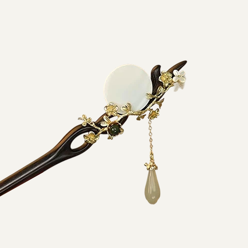 Qingwu Hetian jade hairpin, ancient costume, ancient style, stepping tassels, national style, sandalwood, shells, magnolia flowers, cheongsam, hairpins, hairpins