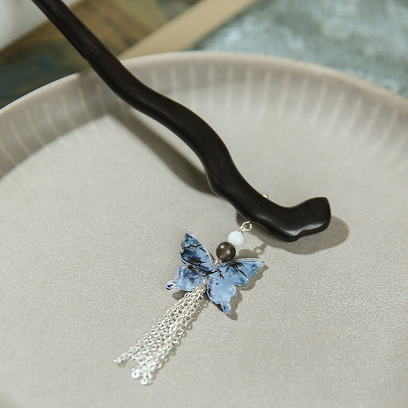 Blue Butterfly Tassel Hair Stick