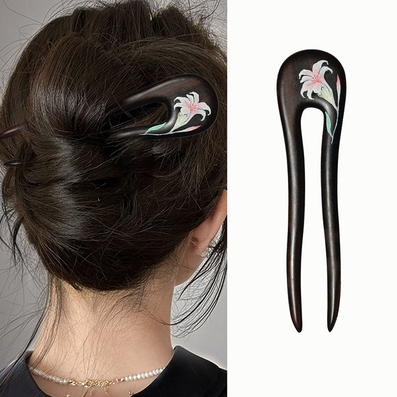 Painted Lily Wood Hair Stick