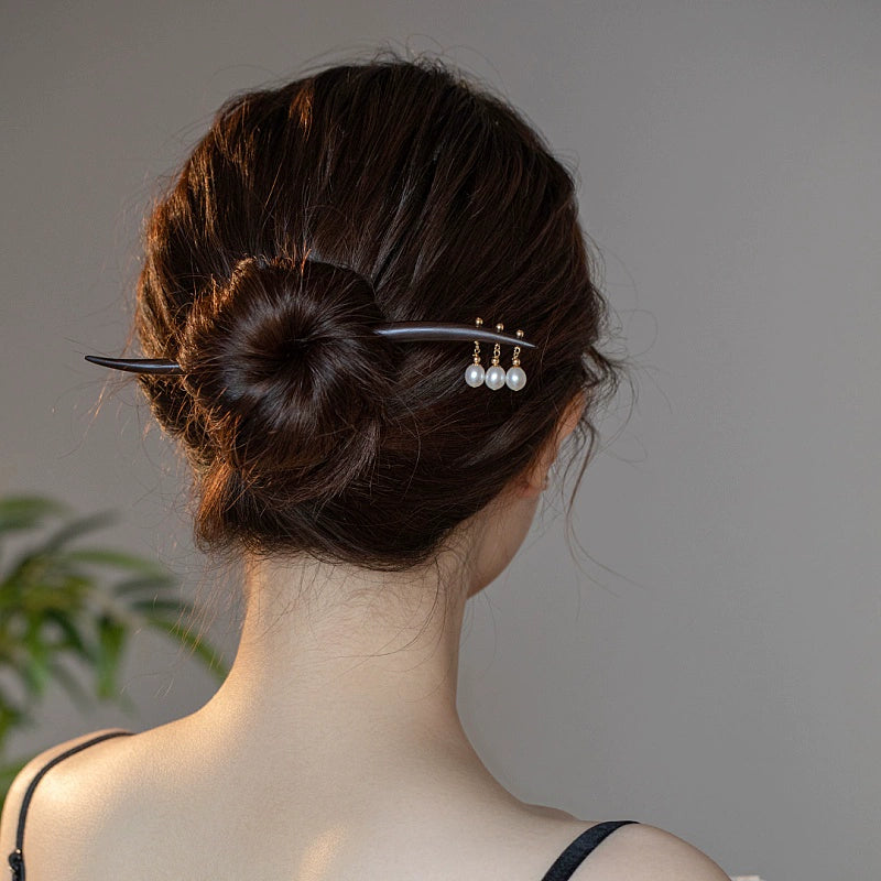 Black Wood Triple-Pearl Hairstick